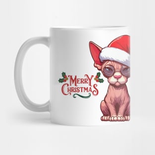 Christmas sphynx cat drawing. Funny Santa Claus cat. Mug